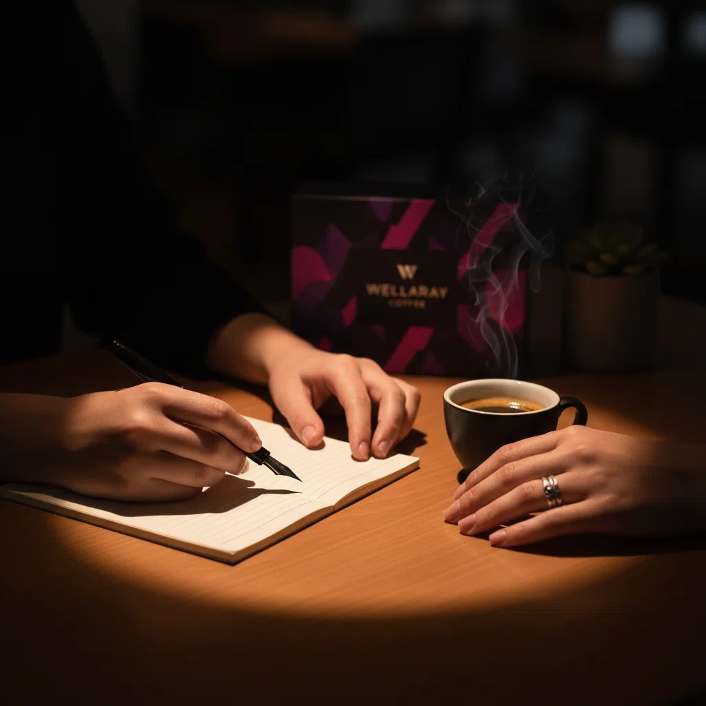 Hände am Schreibtisch mit Notizbuch und Wellaray Coffee - redaktionelle Qualitätsprüfung